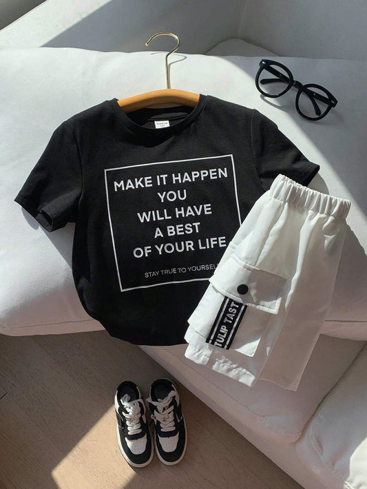 2pcs Young Boys' Street Style Slogan Printed Round Neck T-Shirt With 3d Pocket & Weave Ribbon Detailing And Colorblock Four Button Shorts Set Black & White