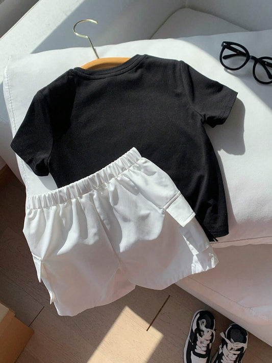 2pcs Young Boys' Street Style Slogan Printed Round Neck T-Shirt With 3d Pocket & Weave Ribbon Detailing And Colorblock Four Button Shorts Set
