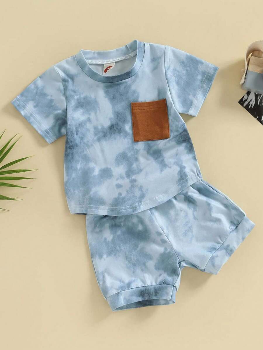 Baby Boy Short-Sleeve Blue Tie-Dye Top With Brown Pocket And Shorts Set Baby Blue