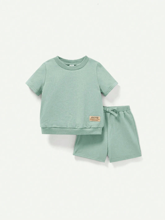 4pcs Baby Boy's Short Sleeve T-Shirt With Woven Label And Shorts Set