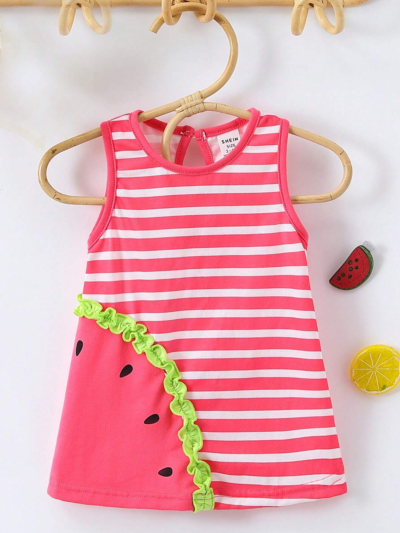 Baby Girl Striped Spliced Ruffle Trim Sleeveless Casual Dress Watermelon Pink