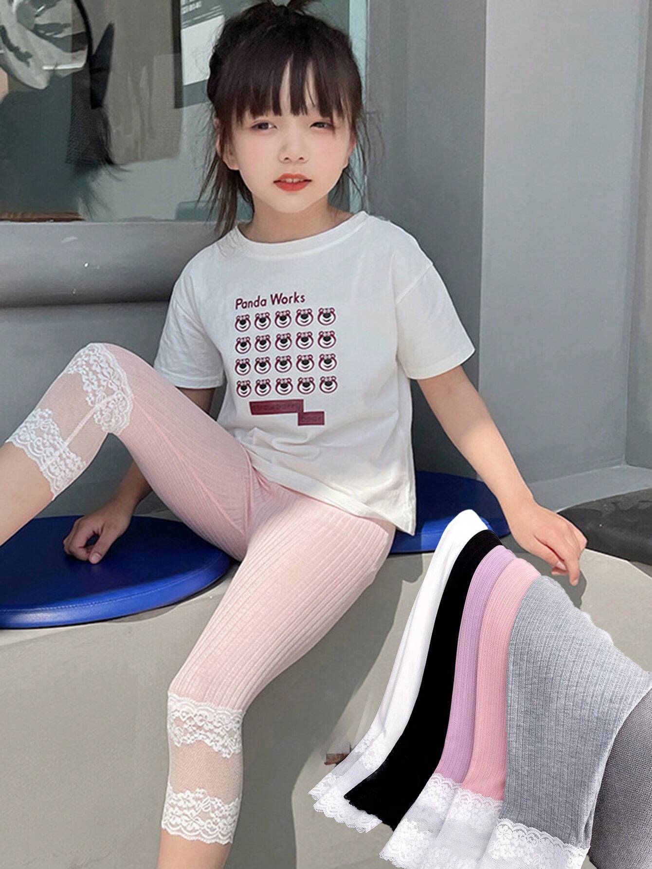 1pc Toddler Girls' Lace Trim Cropped Leggings, Cute And Versatile, Suitable For Daily Wear