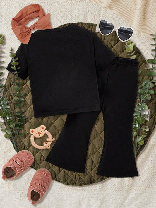 Baby Girls' Casual Simple Flower Print Short Sleeve T-Shirt And Flare Pants Set