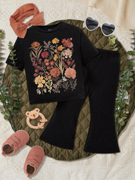 Baby Girls' Casual Simple Flower Print Short Sleeve T-Shirt And Flare Pants Set Black
