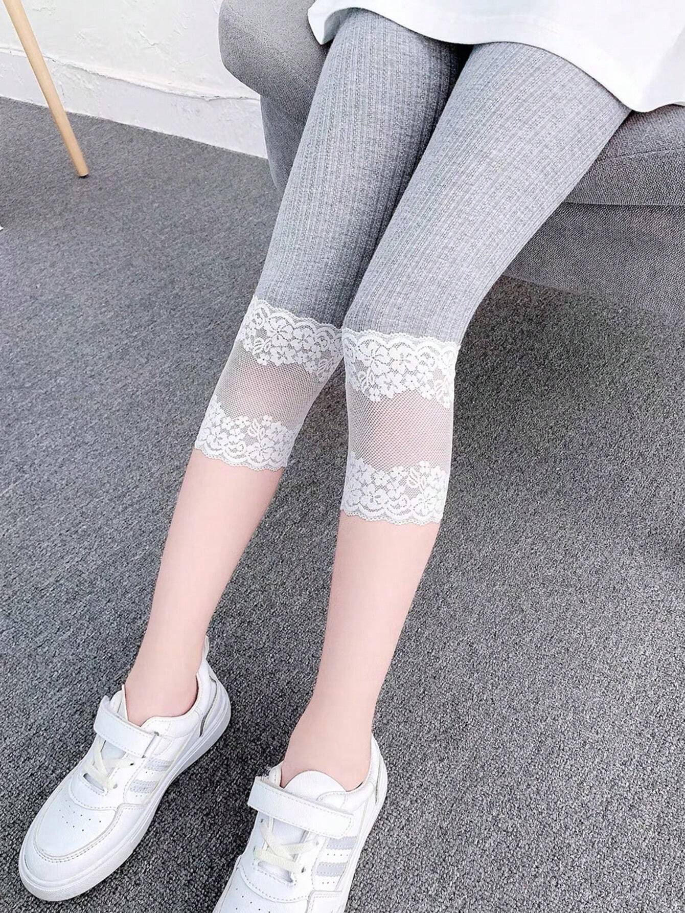 1pc Toddler Girls' Lace Trim Cropped Leggings, Cute And Versatile, Suitable For Daily Wear Grey