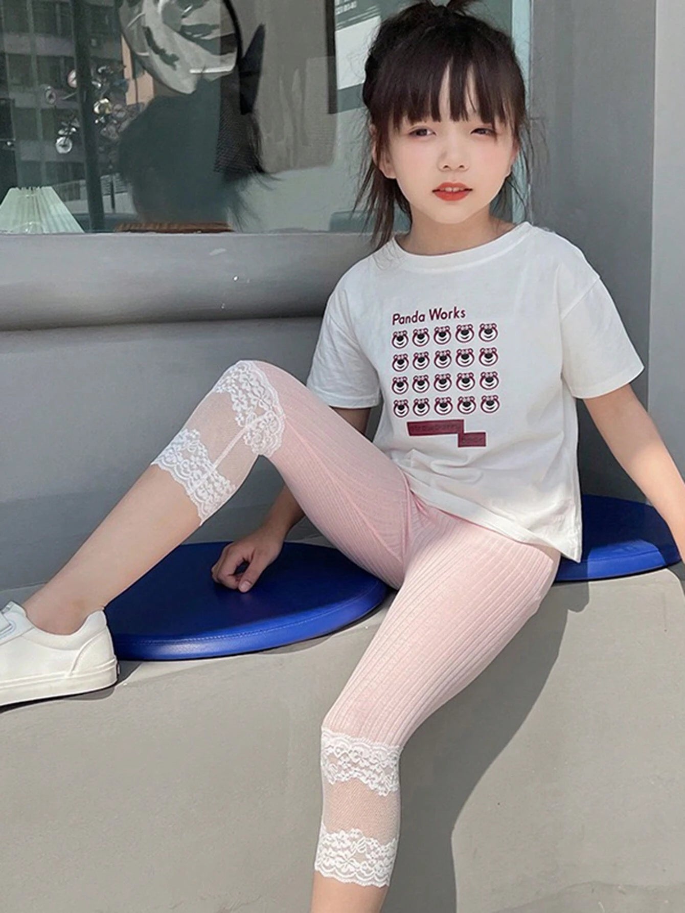1pc Toddler Girls' Lace Trim Cropped Leggings, Cute And Versatile, Suitable For Daily Wear Pink