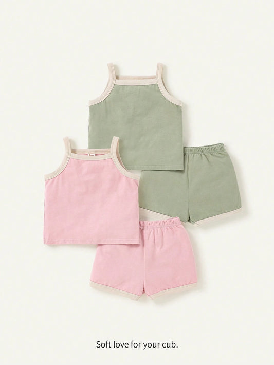 Baby Girl Casual Knitted Soft Color Block Camisole Top And Shorts Set Pink