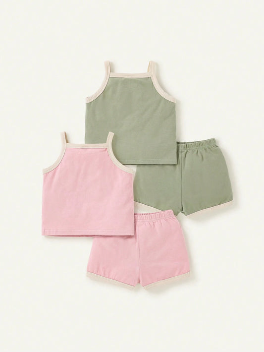 Baby Girl Casual Knitted Soft Color Block Camisole Top And Shorts Set