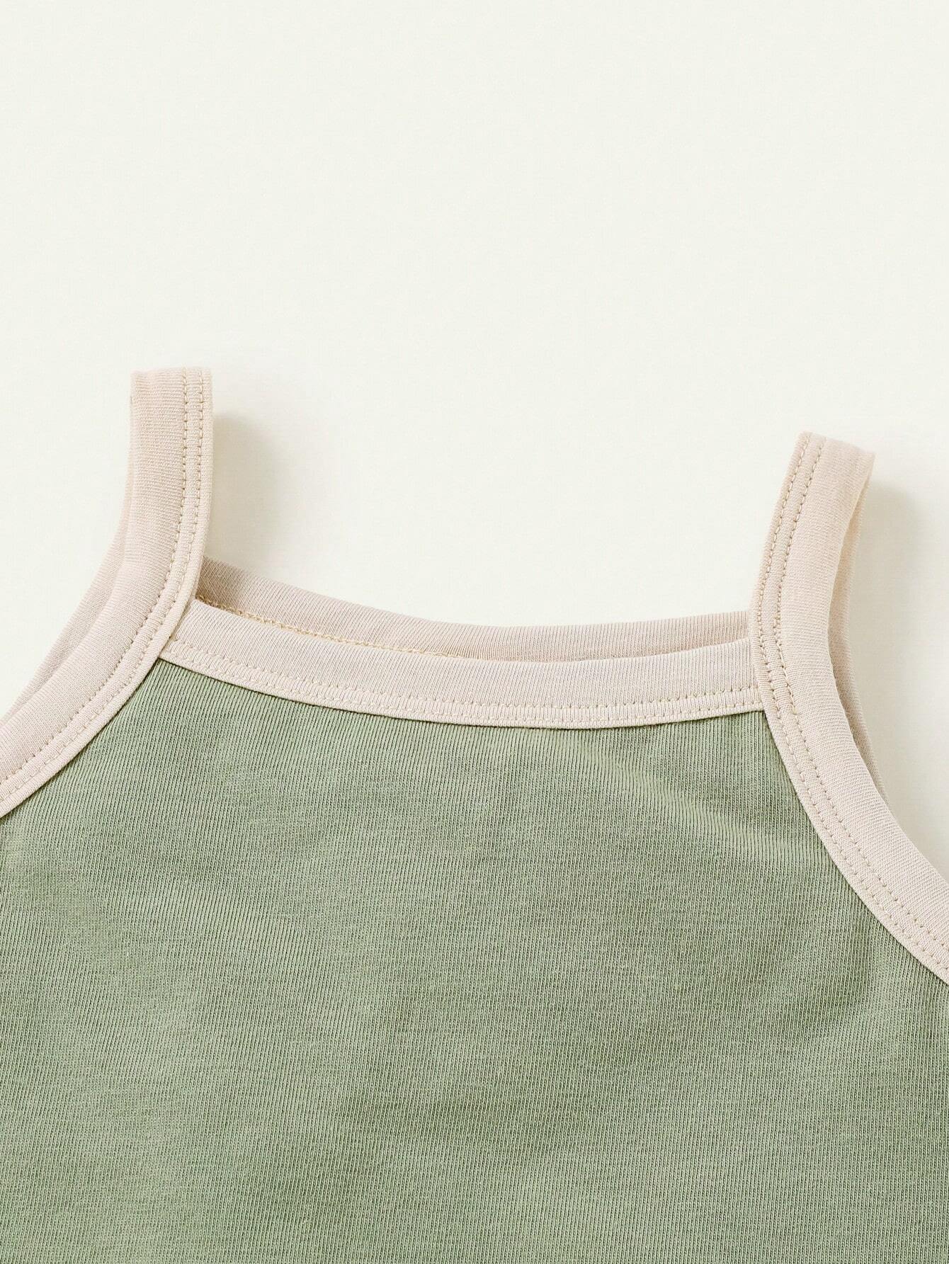 Baby Girl Casual Knitted Soft Color Block Camisole Top And Shorts Set