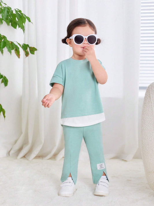 Baby Girl Knitted Simple Casual 2 In 1 Colorblock Short Sleeve Top And Split Hem Pants Green
