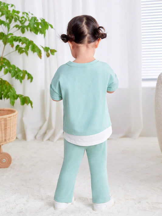 Baby Girl Knitted Simple Casual 2 In 1 Colorblock Short Sleeve Top And Split Hem Pants
