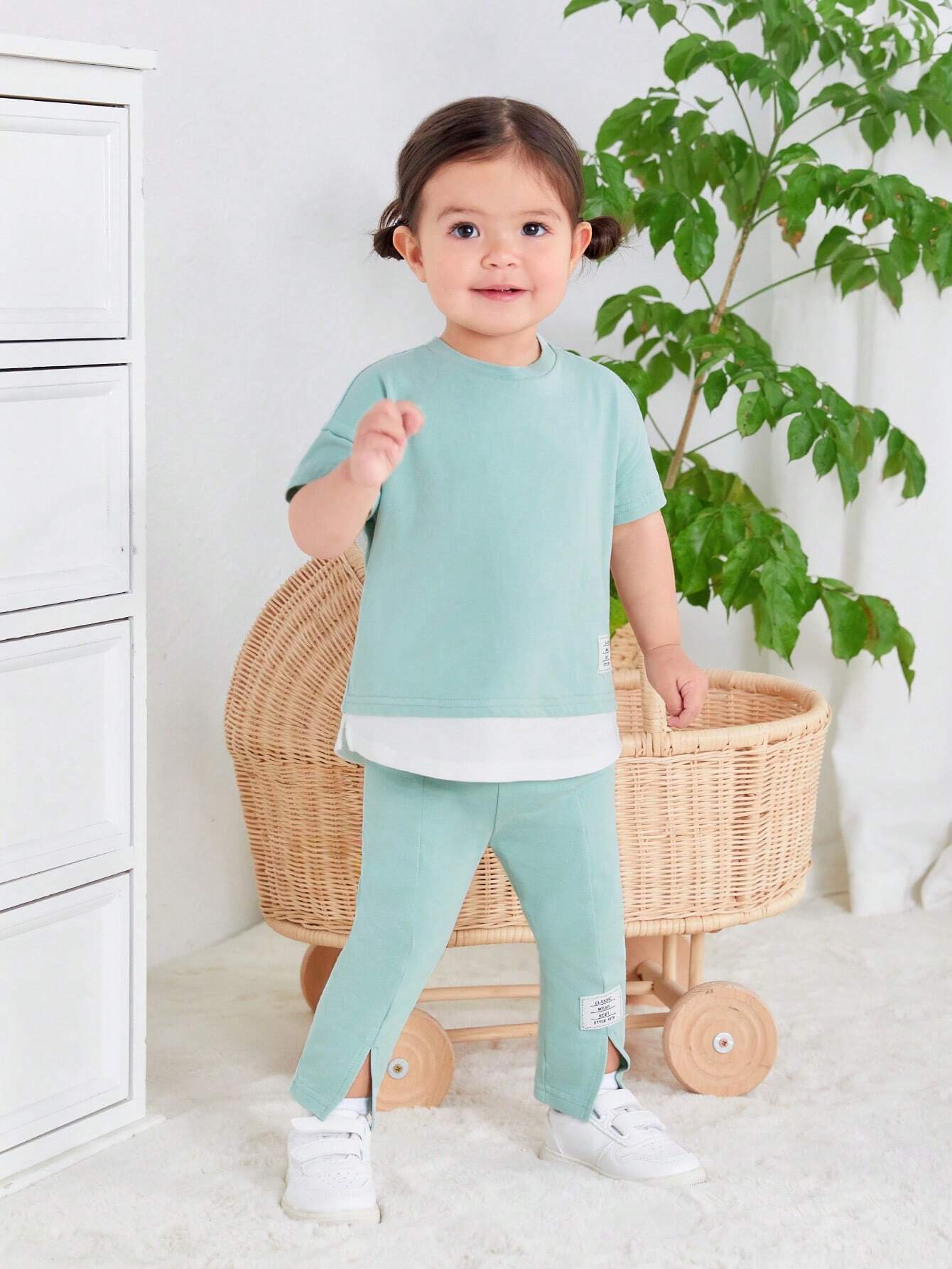 Baby Girl Knitted Simple Casual 2 In 1 Colorblock Short Sleeve Top And Split Hem Pants