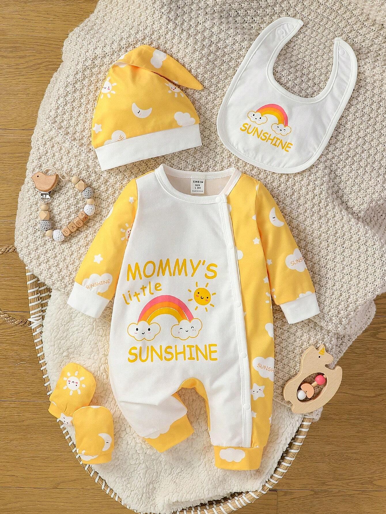 Baby Girl Newborn Cartoon & Letter Graphic Jumpsuit & Hat & Bib & Gloves Multicolor 3