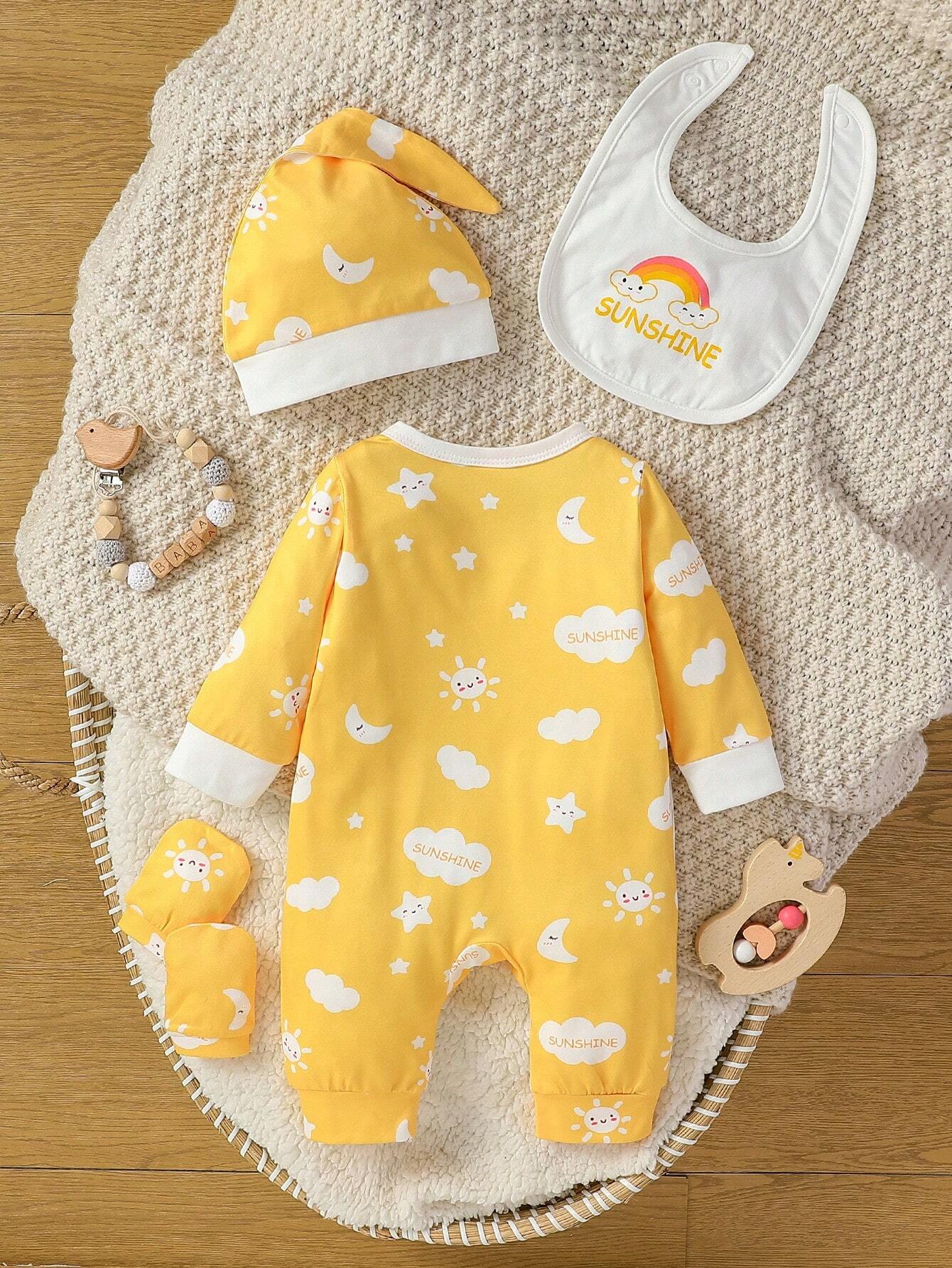 Baby Girl Newborn Cartoon & Letter Graphic Jumpsuit & Hat & Bib & Gloves