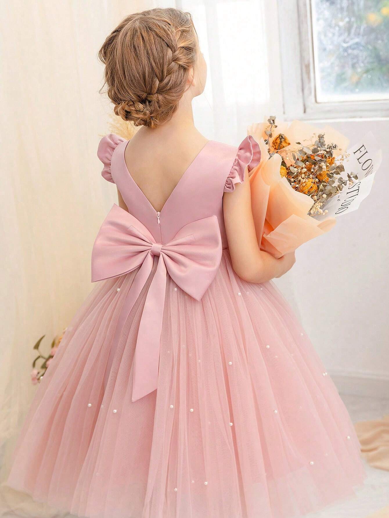 Girls' Flying Sleeve Mesh Tulle Princess Dress Pink