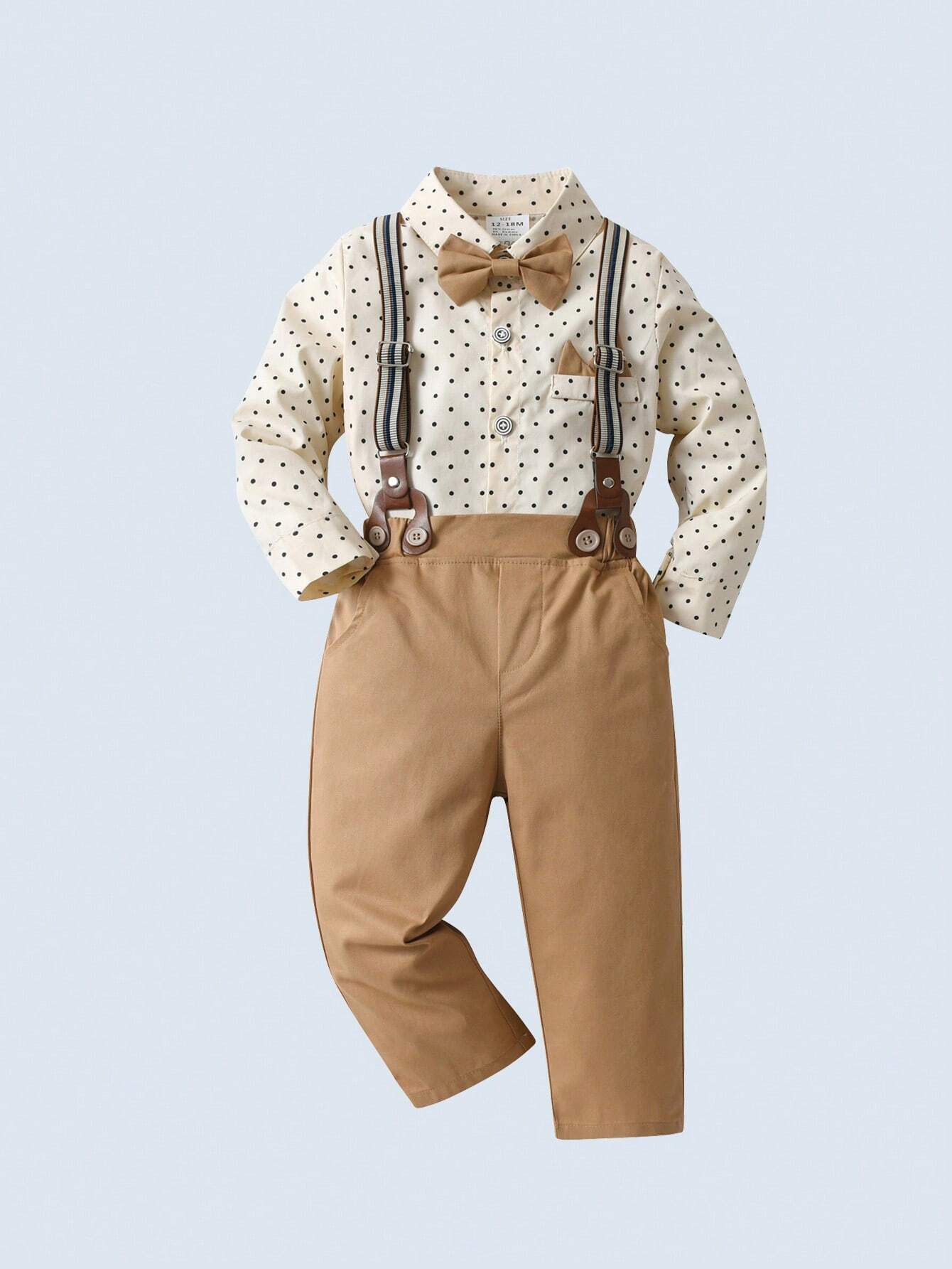 Polka Dot Long Sleeve Shirt With Bow Tie And Suspender Pants