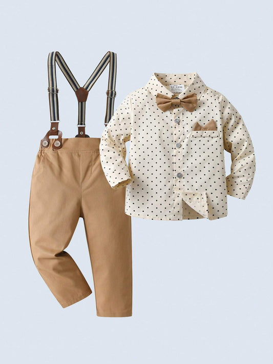 Polka Dot Long Sleeve Shirt With Bow Tie And Suspender Pants Apricot 4Y