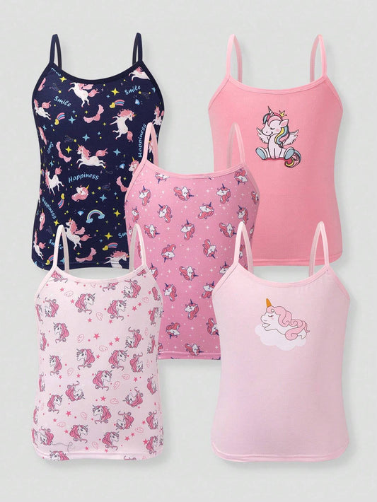 Tween Girl 5pcs/Set Unicorn Print Camisole Tank Tops Multicolor