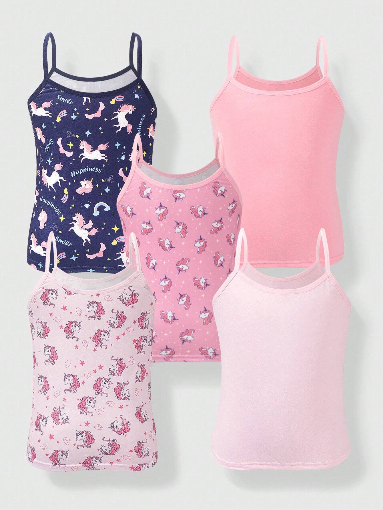 Tween Girl 5pcs/Set Unicorn Print Camisole Tank Tops