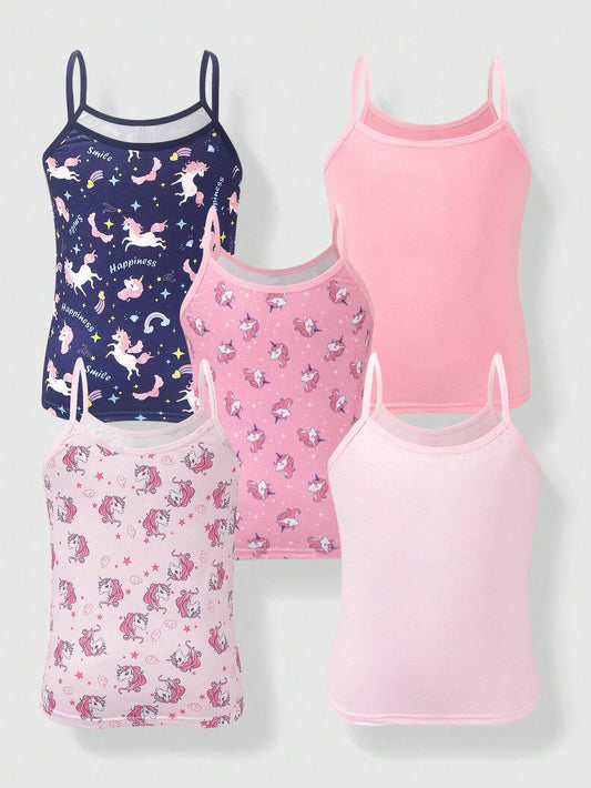 Tween Girl 5pcs/Set Unicorn Print Camisole Tank Tops