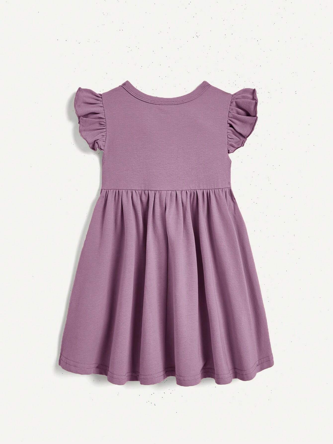Baby Girl Cartoon Bunny Patterned Short Sleeve Dress With Ruffles And Waistband