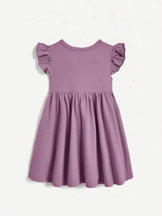 Baby Girl Cartoon Bunny Patterned Short Sleeve Dress With Ruffles And Waistband