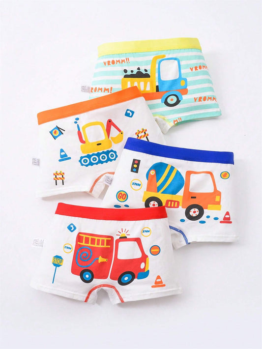 4pcs/Pack Young Boy Construction Vehicle Printed Boxer Briefs Multicolor