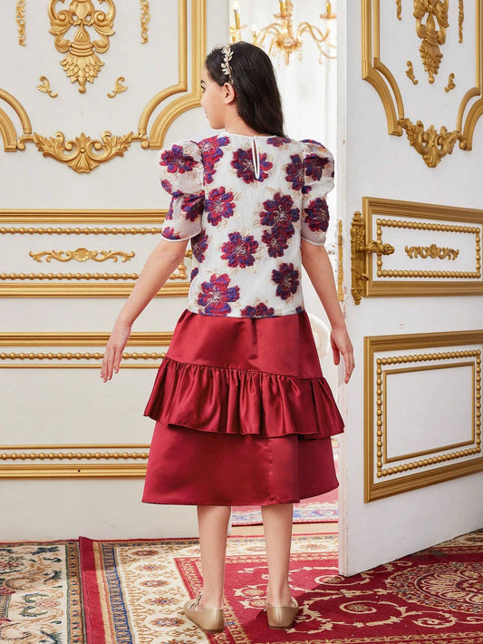 Elegant Round Neck Short Sleeve Top With Floral Print & Asymmetrical Ruffle Hem Skirt