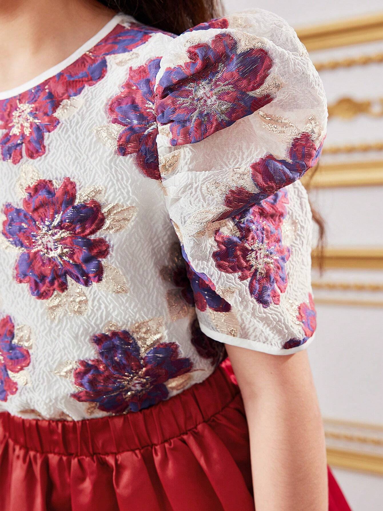 Elegant Round Neck Short Sleeve Top With Floral Print & Asymmetrical Ruffle Hem Skirt