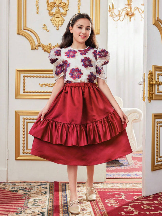 Elegant Round Neck Short Sleeve Top With Floral Print & Asymmetrical Ruffle Hem Skirt Purple 9Y