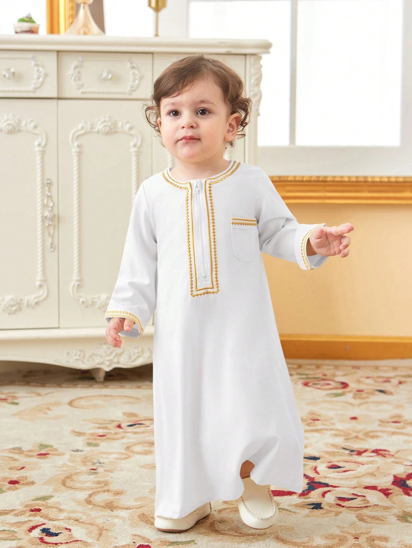 Traditional Embroidered Open Front Long Robe For Baby Boys White