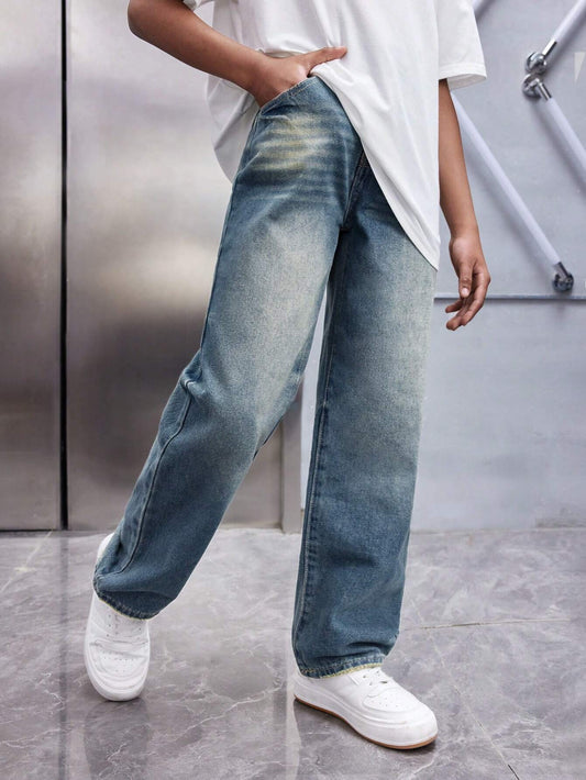 Tween Boys' Casual Vintage Washed Loose Straight Leg Blue Jeans Medium Wash