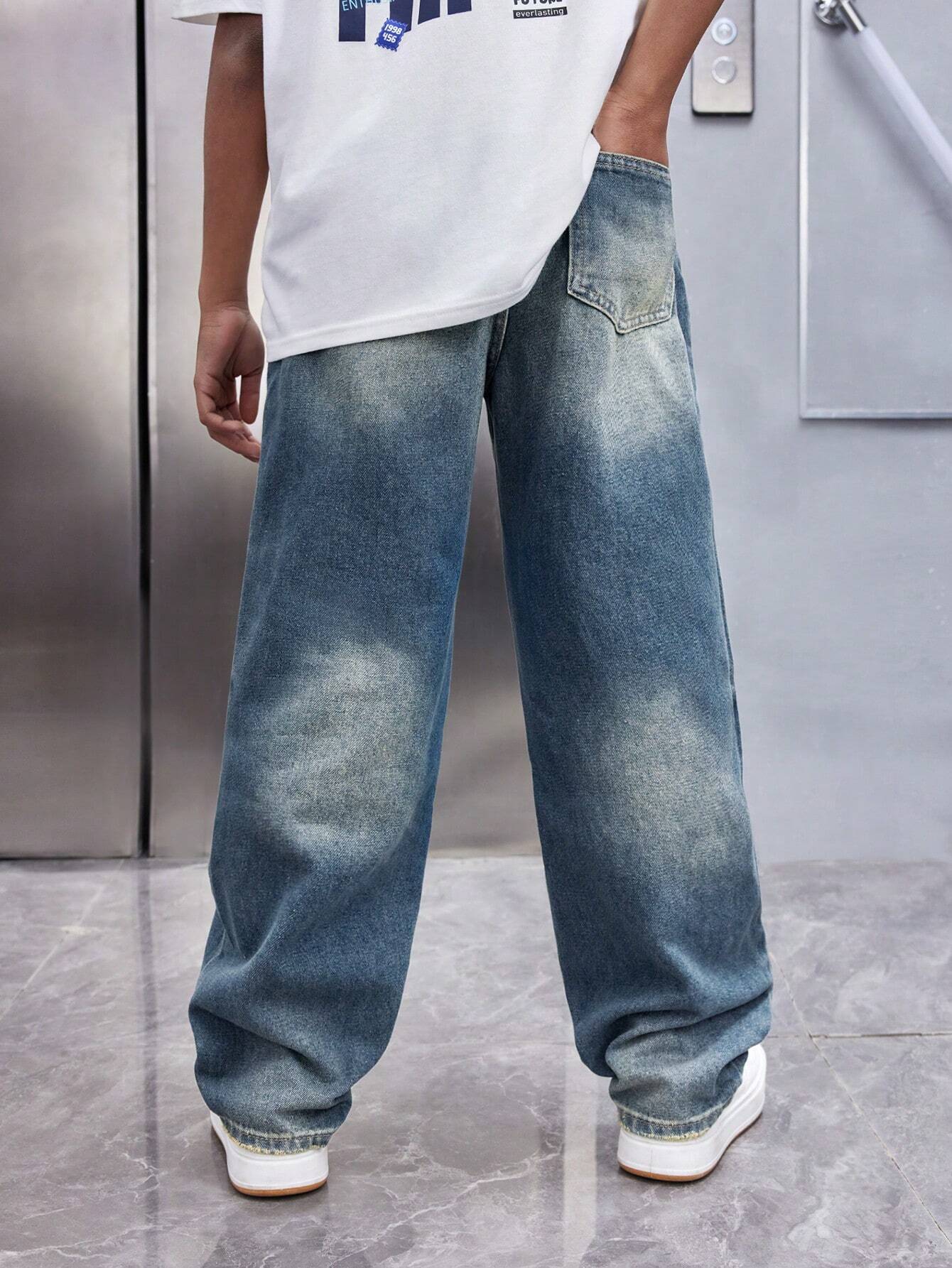 Tween Boys' Casual Vintage Washed Loose Straight Leg Blue Jeans