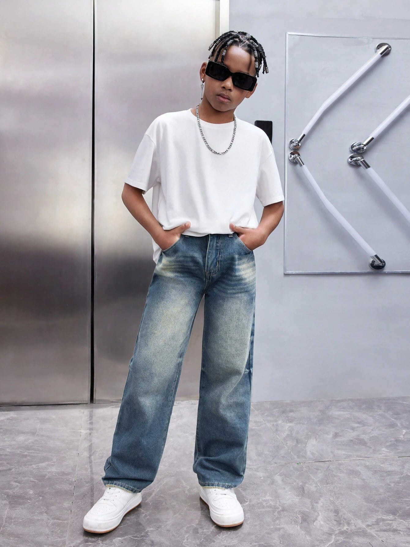Tween Boys' Casual Vintage Washed Loose Straight Leg Blue Jeans