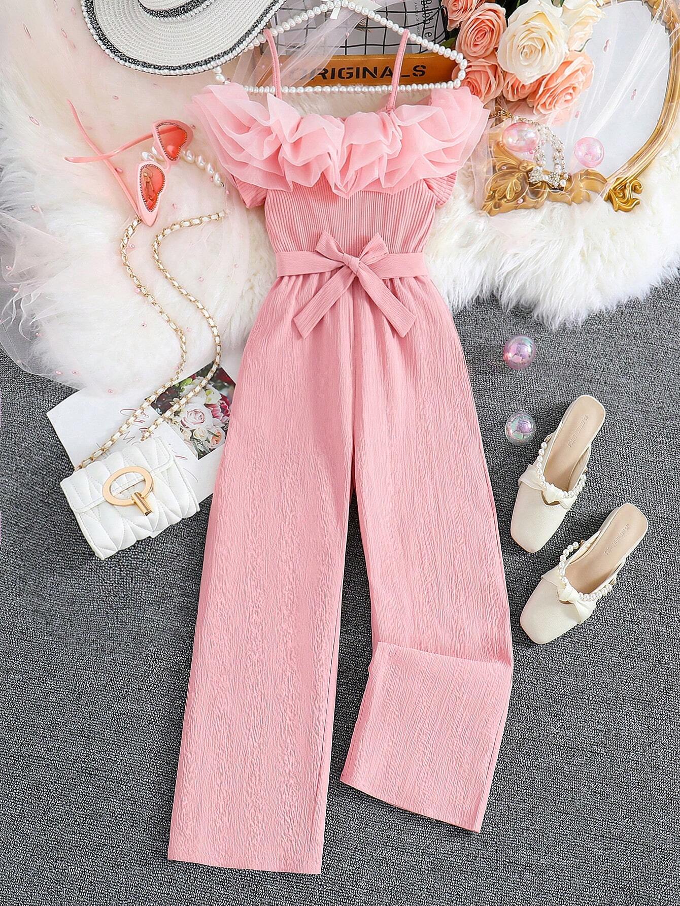 Tween Girl Wave Flounce Spaghetti Strap Straight Leg Jumpsuit Pink 9Y