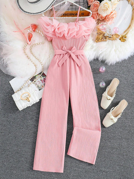 Tween Girl Wave Flounce Spaghetti Strap Straight Leg Jumpsuit Pink 9Y