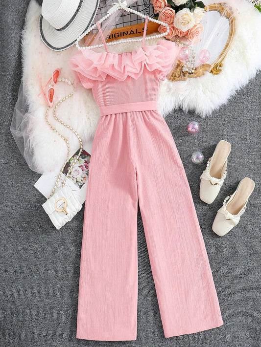 Tween Girl Wave Flounce Spaghetti Strap Straight Leg Jumpsuit