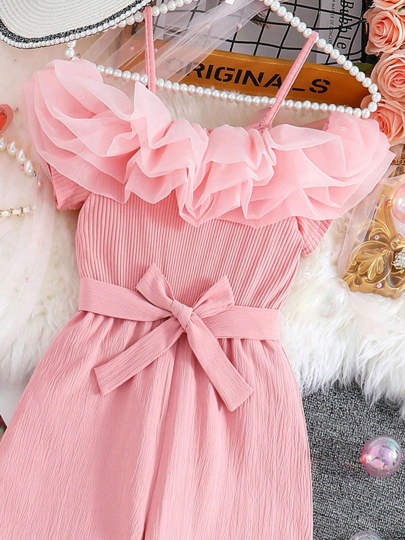 Tween Girl Wave Flounce Spaghetti Strap Straight Leg Jumpsuit