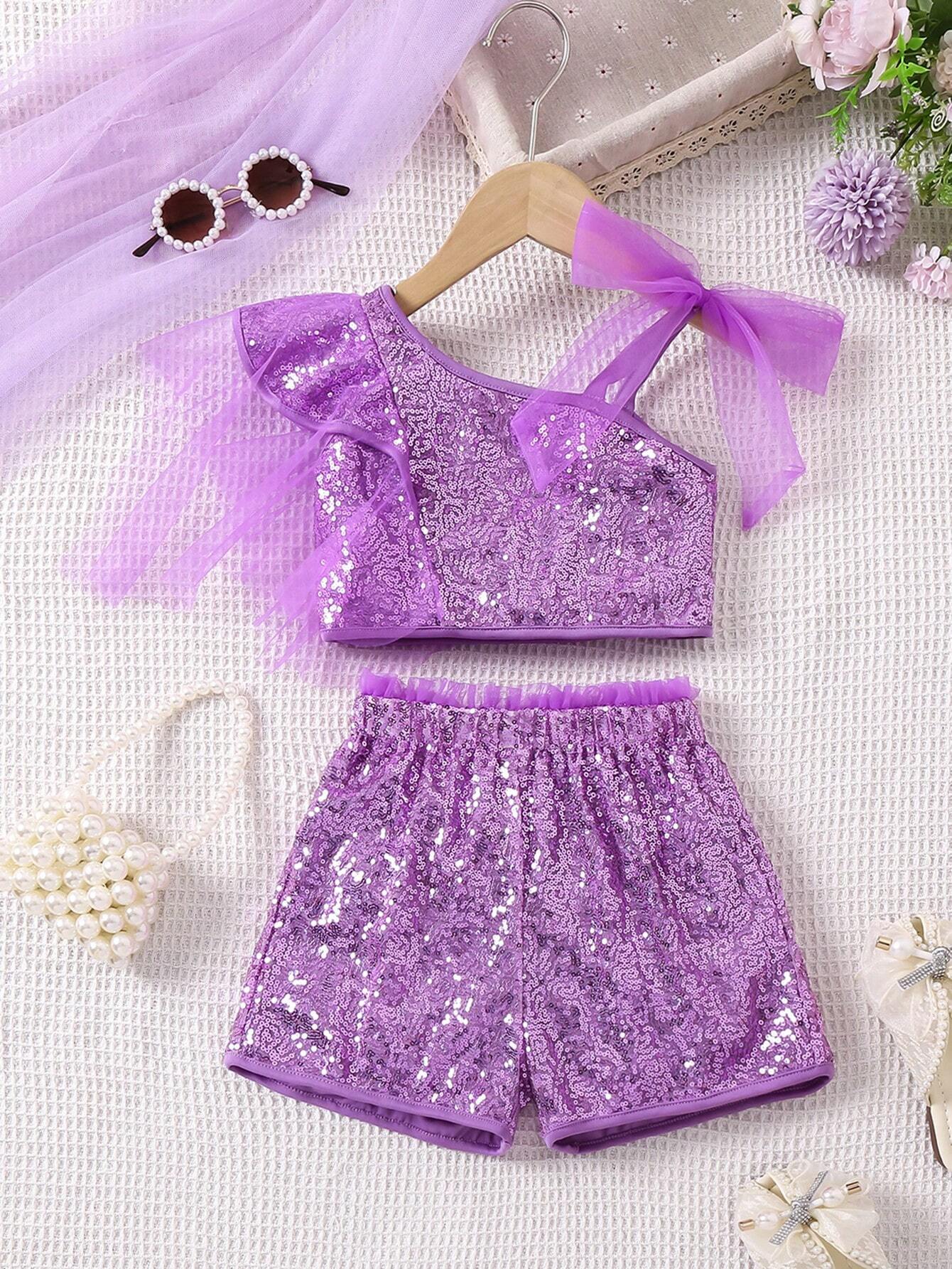 Young Girl Glittery Pink Asymmetrical Collar Top And Shorts Mesh Outfit Purple