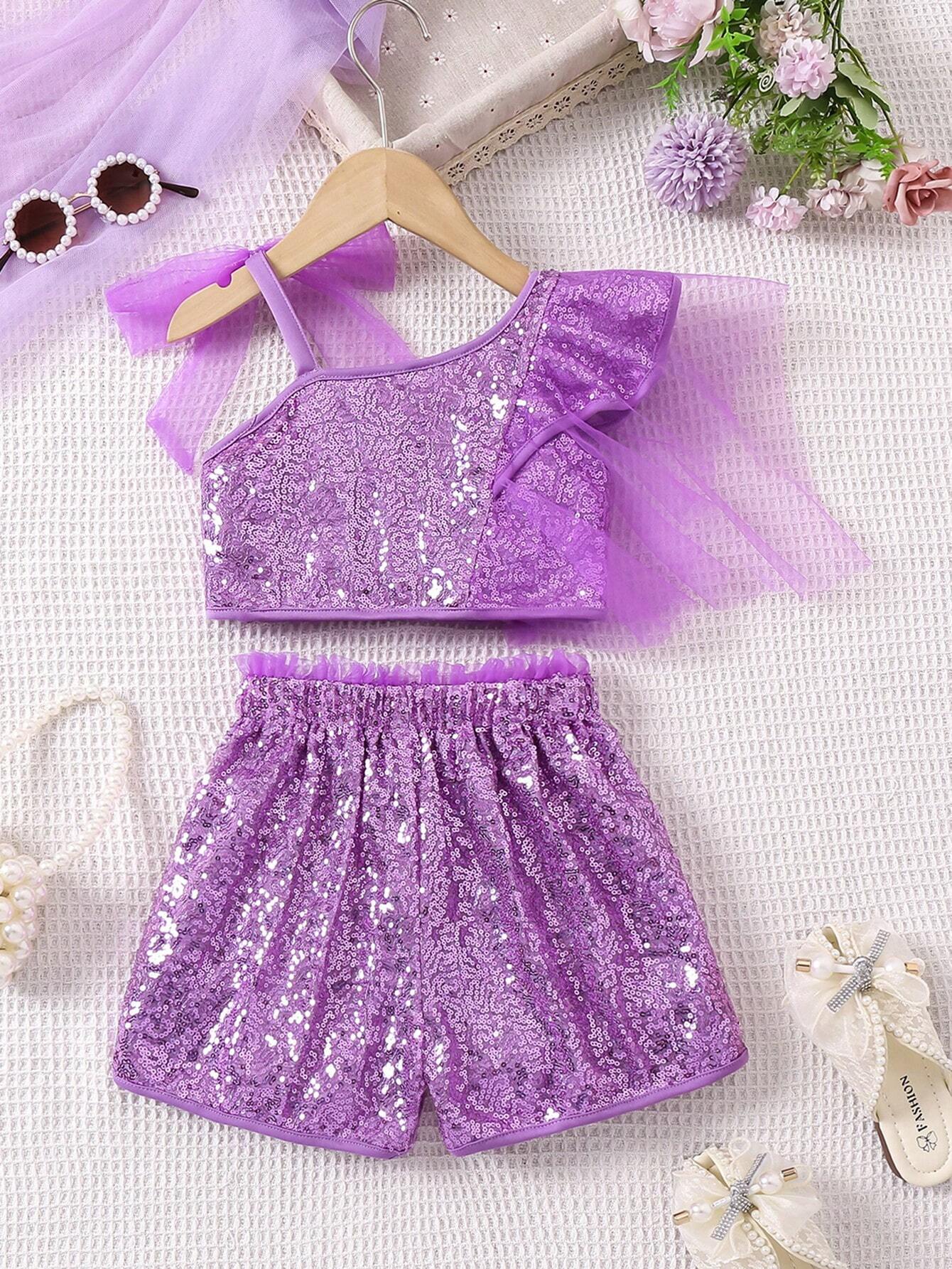 Young Girl Glittery Pink Asymmetrical Collar Top And Shorts Mesh Outfit