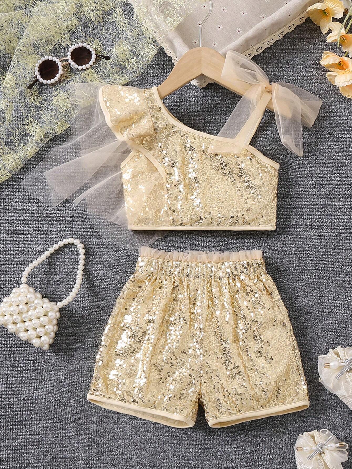 Young Girl Glittery Pink Asymmetrical Collar Top And Shorts Mesh Outfit Champagne