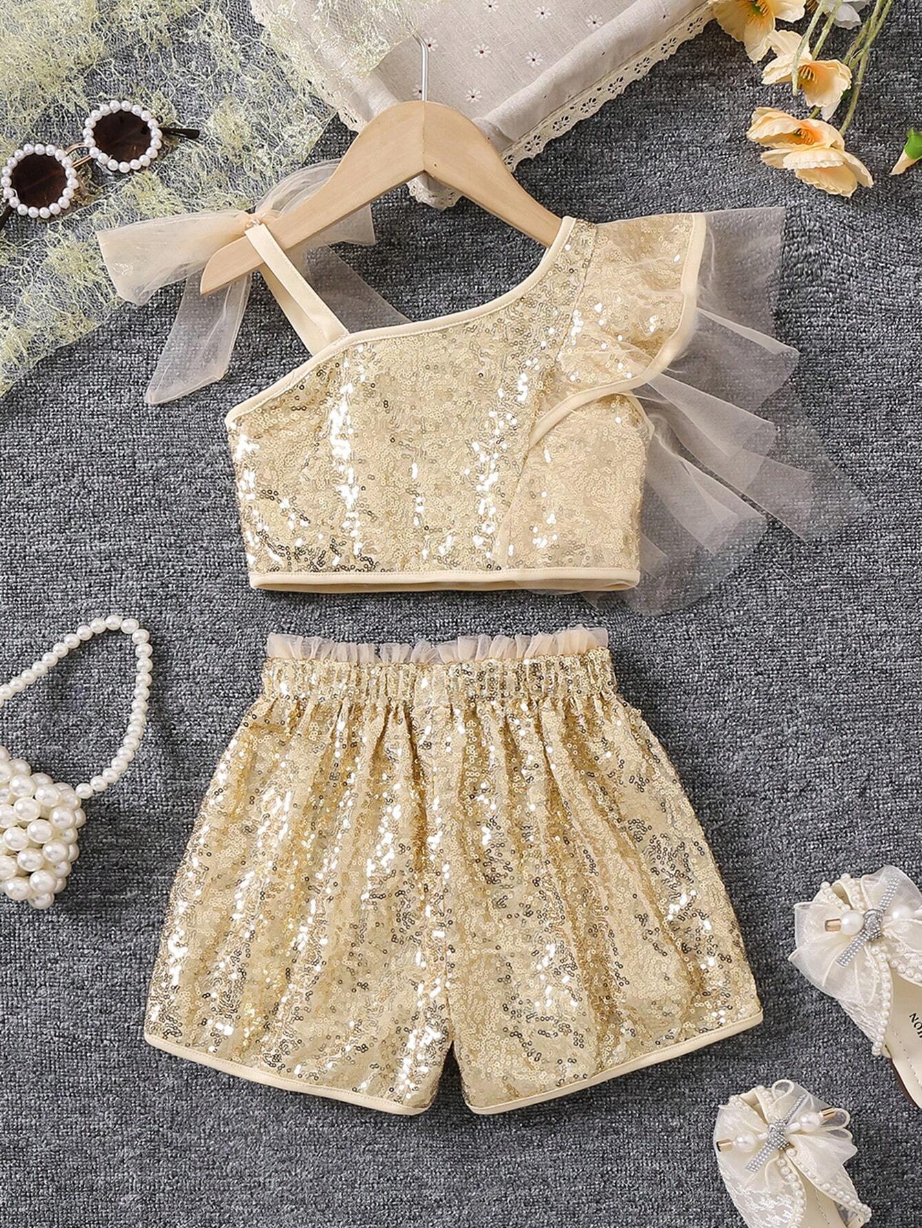 Young Girl Glittery Pink Asymmetrical Collar Top And Shorts Mesh Outfit