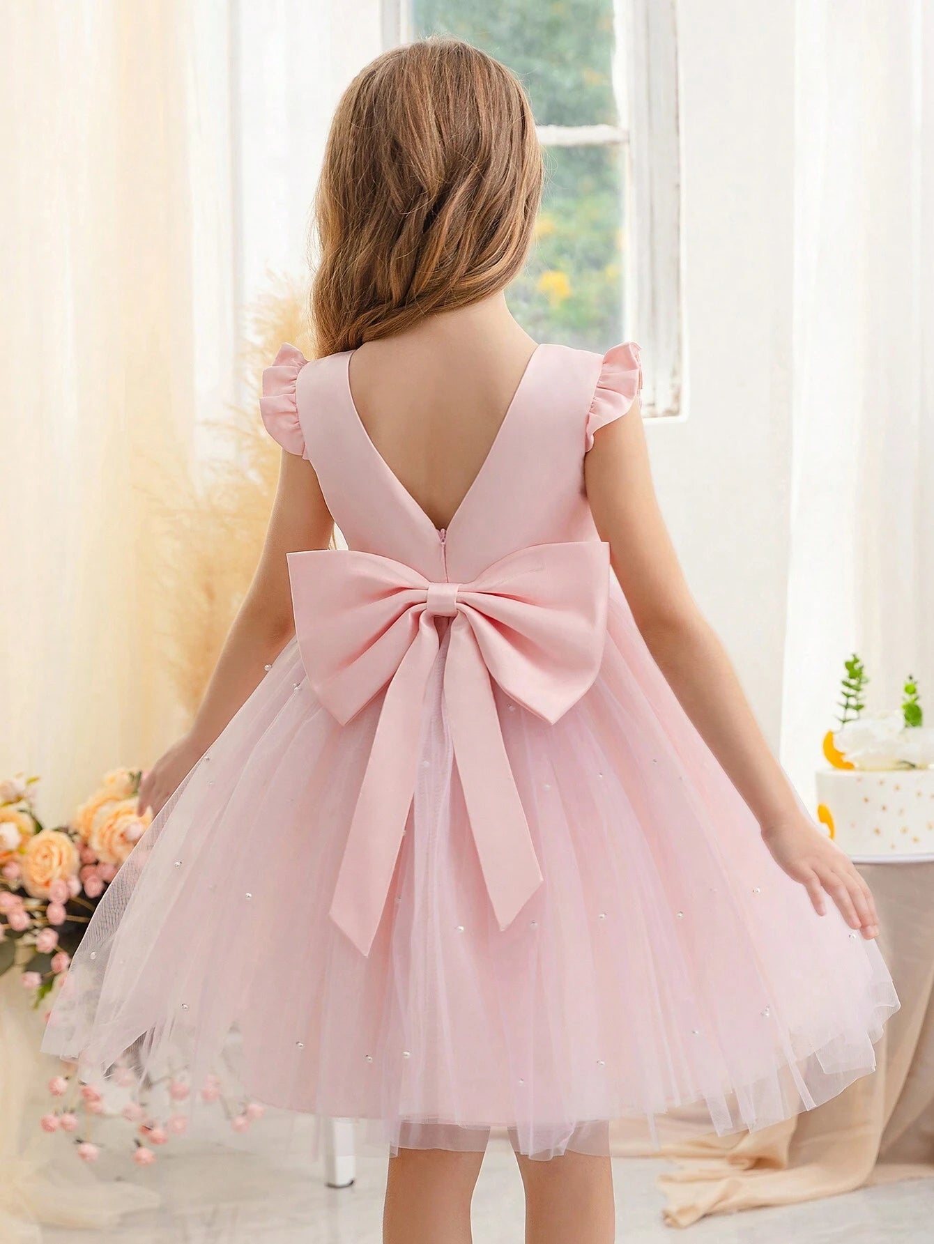 Girls' Flying Sleeve Mesh Tulle Princess Dress Baby Pink