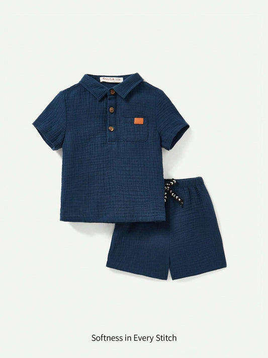 Baby Boy's Solid Color Half-Button Collar Pullover Top And Casual Shorts Navy Blue