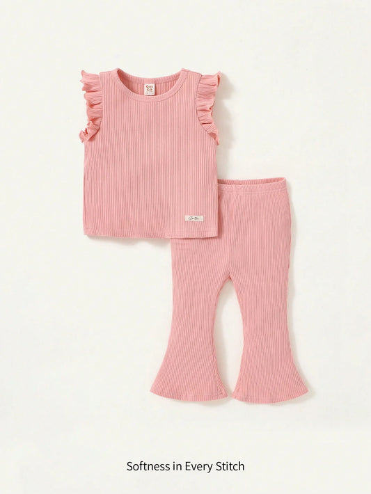 Baby Girl's Ruffle Trimmed Patched Top & Flare Pants Set With Round Neckline Pink