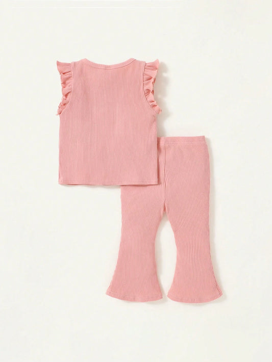 Baby Girl's Ruffle Trimmed Patched Top & Flare Pants Set With Round Neckline