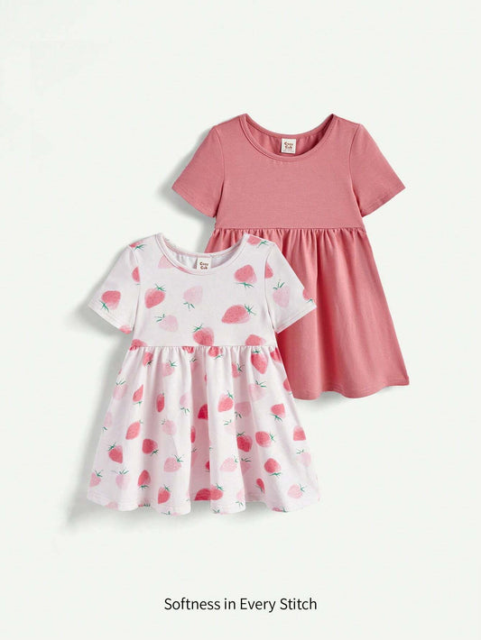 Baby Girl Short Sleeve Cartoon Patterned A-Line Dress With Elastic Waistband Pink