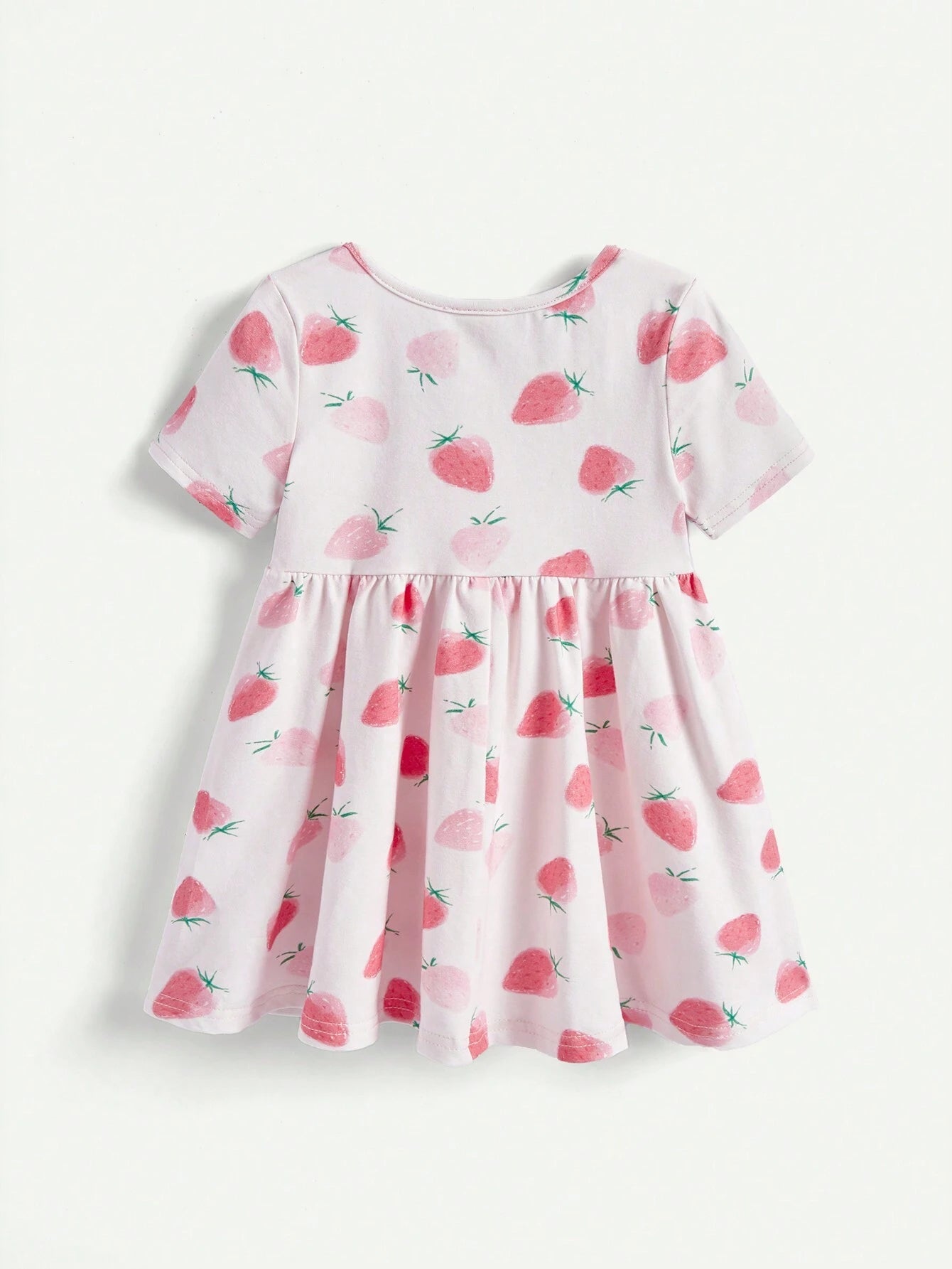 Baby Girl Short Sleeve Cartoon Patterned A-Line Dress With Elastic Waistband