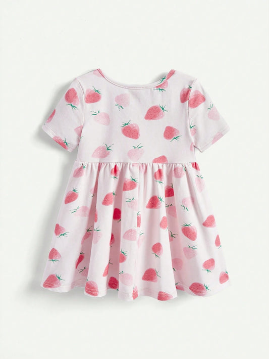 Baby Girl Short Sleeve Cartoon Patterned A-Line Dress With Elastic Waistband