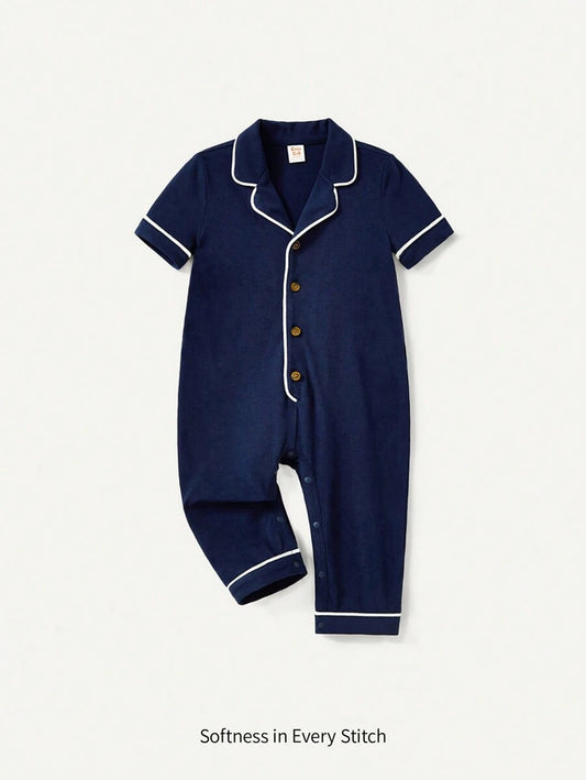 Cozy Pixies Baby Boy Casual Turn-Down Collar Color Block Long Jumpsuit Navy Blue
